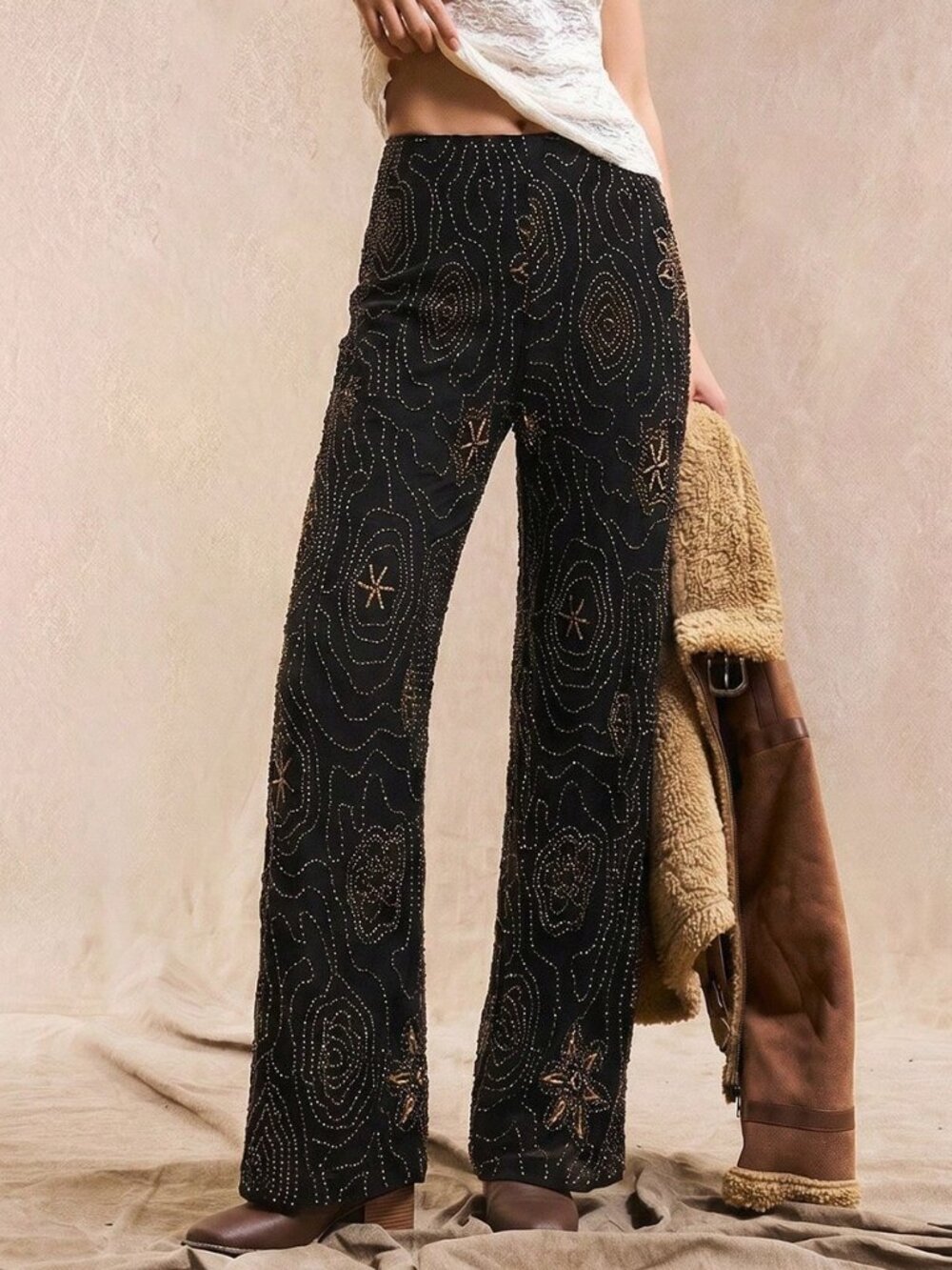 Black Casual Women's Plus Size Party Sequin Embroidered Straight Leg Pants